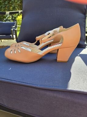 Classic Women's Peach T-Strap Low Heel Pumps